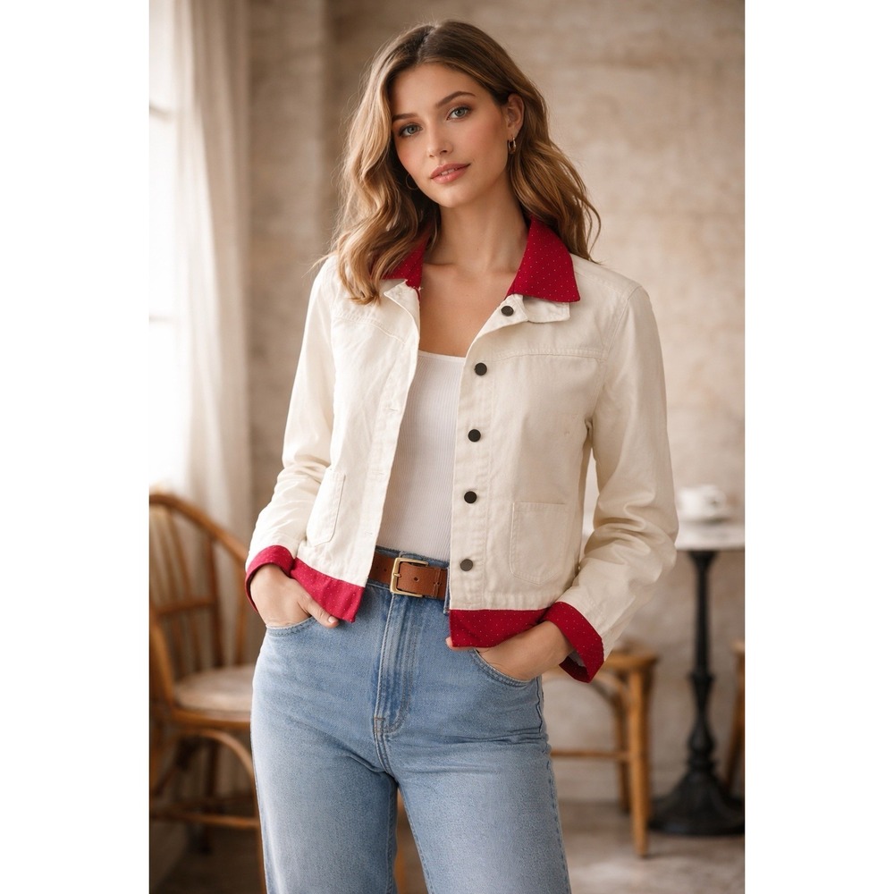 VTG Liz Claiborne White Denim Jacket Sz PS Pink Polka Dot Unique Upcycled Trim